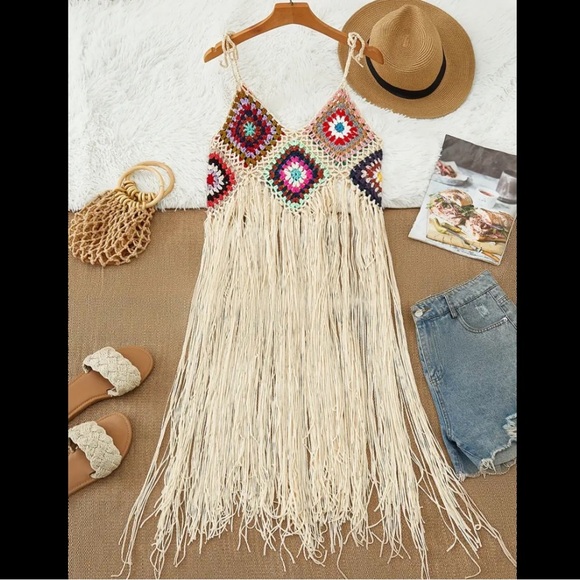 Beige Multi-Color Boho Tassel Beach Cover-Up Dress - Picture 5 of 8